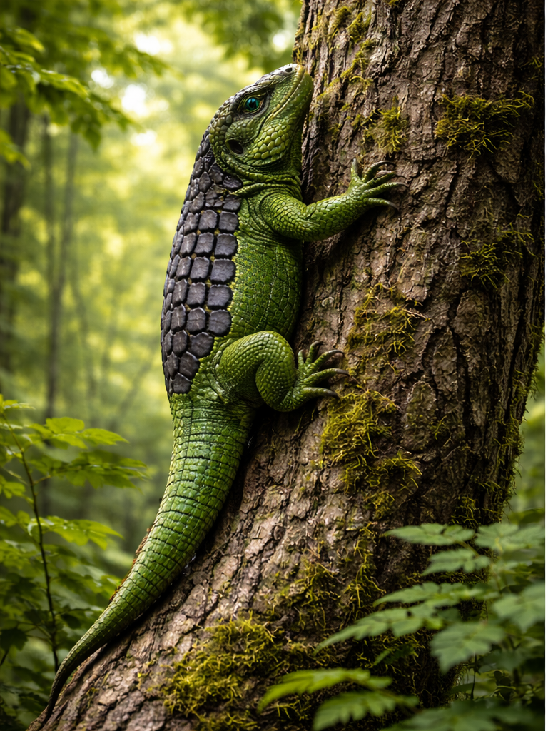 KarboLizard climbing a moss-covered tree trunk