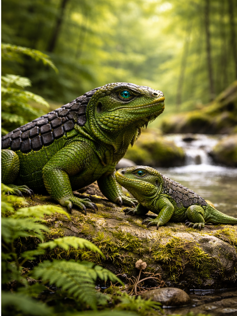Adult KarboLizard with its baby by a forest stream